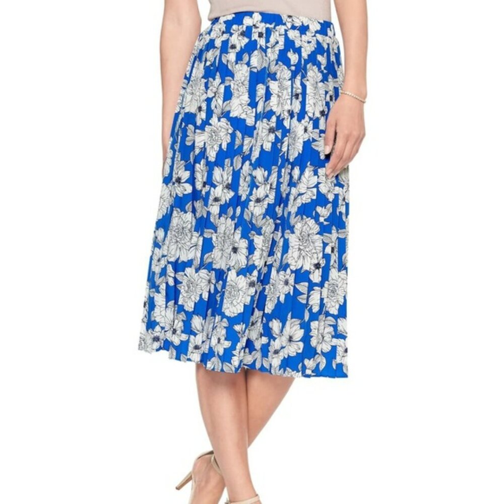 Banana Republic Womens Blue & White Floral Pleated Midi Skirt Elastic Waist PS